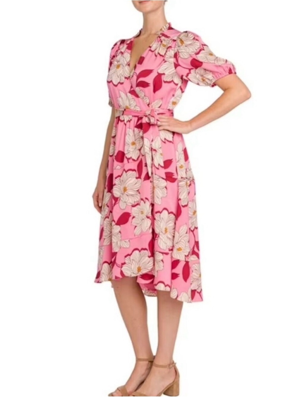 Draper James Pink Floral Short Sleeve Wrap Ruffle Neck Midi Dress Large